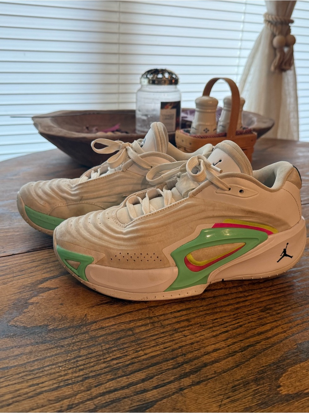 Jordan Kids White Sneakers with Green & Pink Accents